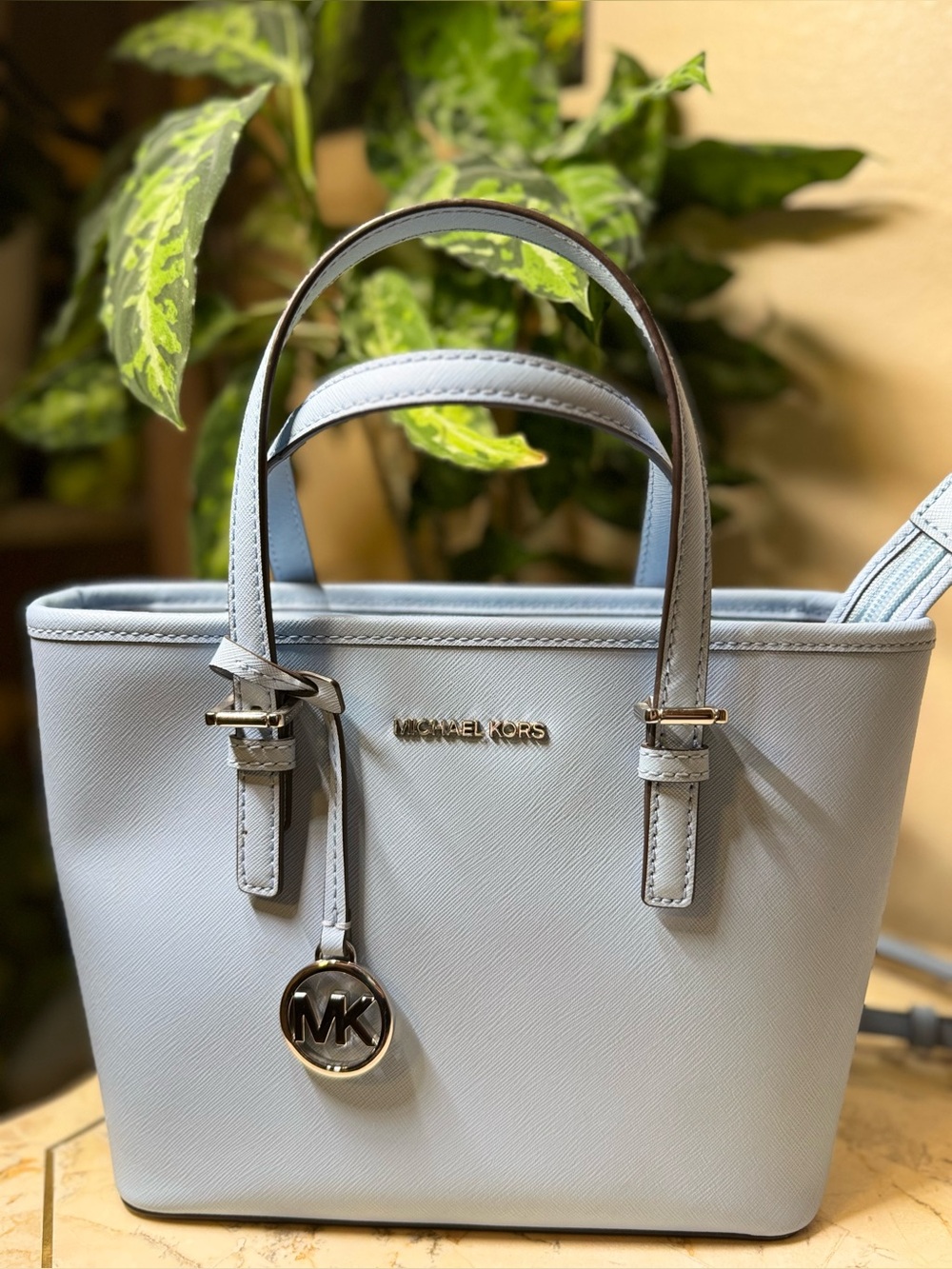 Michael Kors Pale Blue Saffiano Leather Tote with Gold Hardware